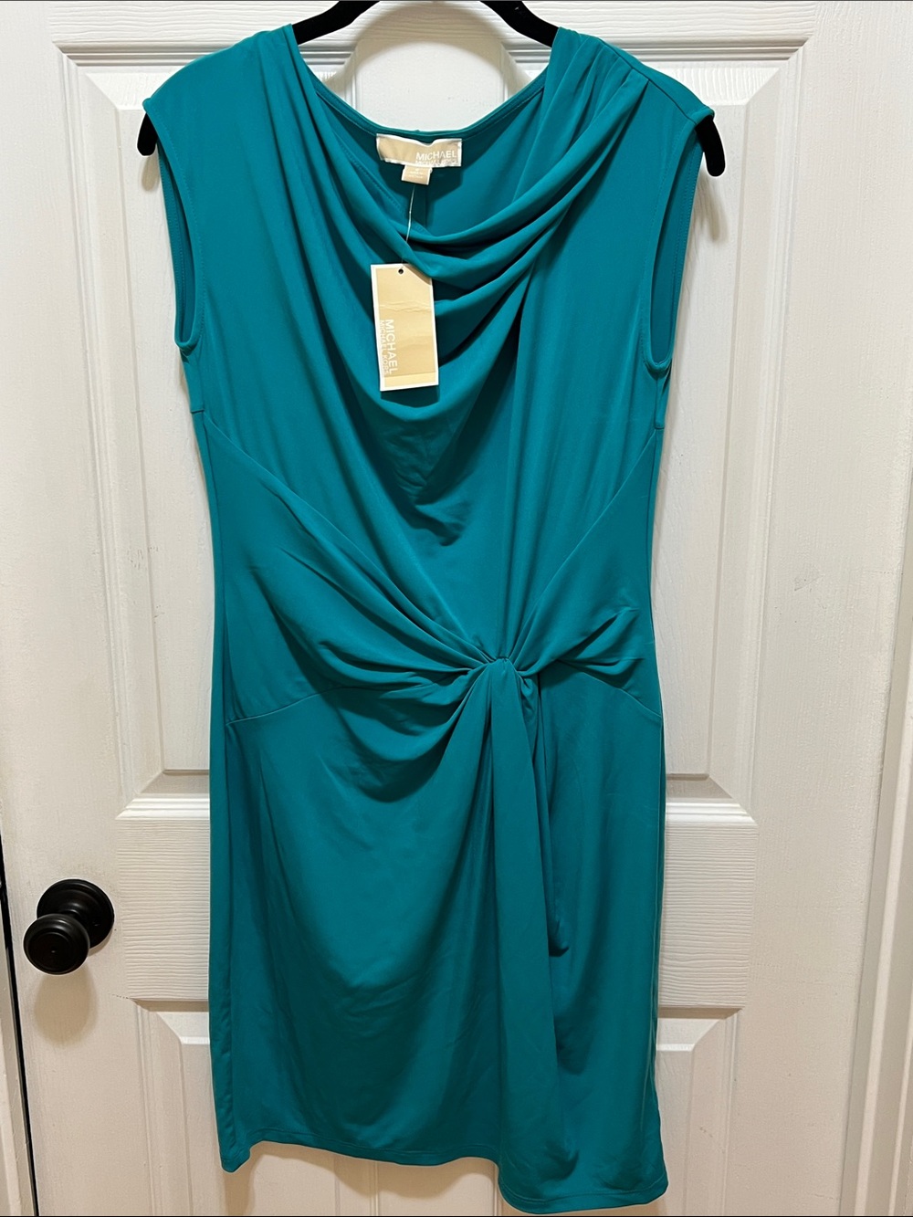 NWT MICHAEL Michael Kors Teal Knot-Front Cowl Neck Dress